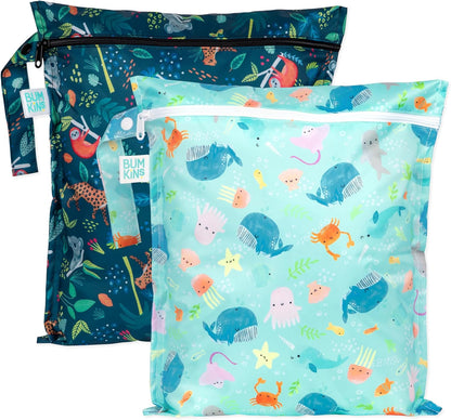 Waterproof Wet Bag - For Baby, Travel, Swim Suit, Cloth Diapers, Pump Parts, Pool, Gym, Toiletry, Strap to Stroller - Reusable & Easy to Clean - 2pk - Floral Gray
