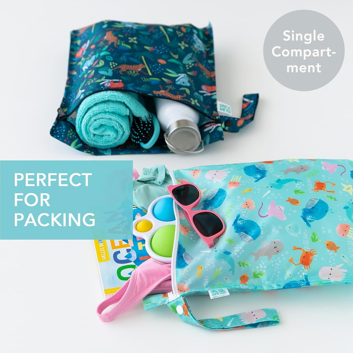 Waterproof Wet Bag - For Baby, Travel, Swim Suit, Cloth Diapers, Pump Parts, Pool, Gym, Toiletry, Strap to Stroller - Reusable & Easy to Clean - 2pk - Floral Gray