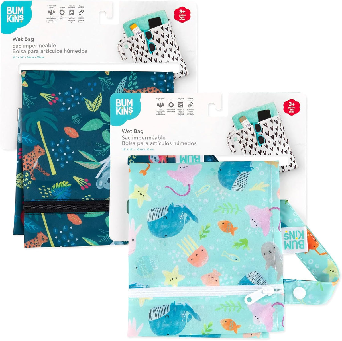 Waterproof Wet Bag - For Baby, Travel, Swim Suit, Cloth Diapers, Pump Parts, Pool, Gym, Toiletry, Strap to Stroller - Reusable & Easy to Clean - 2pk - Floral Gray