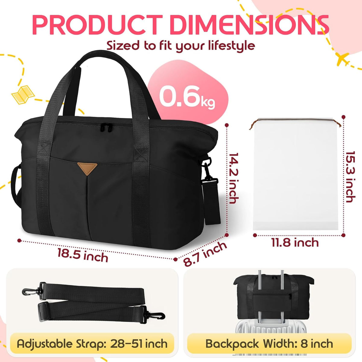 Duffle Bag for Travel, Carry-on Travel Bag with Trolley Sleeve, Sport Gym Bag for Women, Overnight Bag for Men, Hospital Bag for Labor and Delivery (Pink)