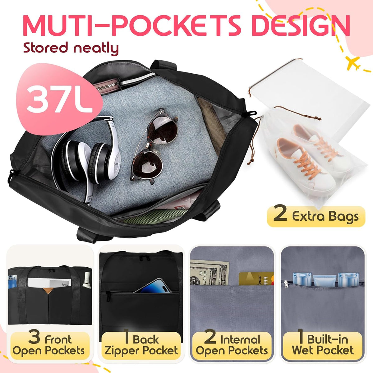 Duffle Bag for Travel, Carry-on Travel Bag with Trolley Sleeve, Sport Gym Bag for Women, Overnight Bag for Men, Hospital Bag for Labor and Delivery (Pink)