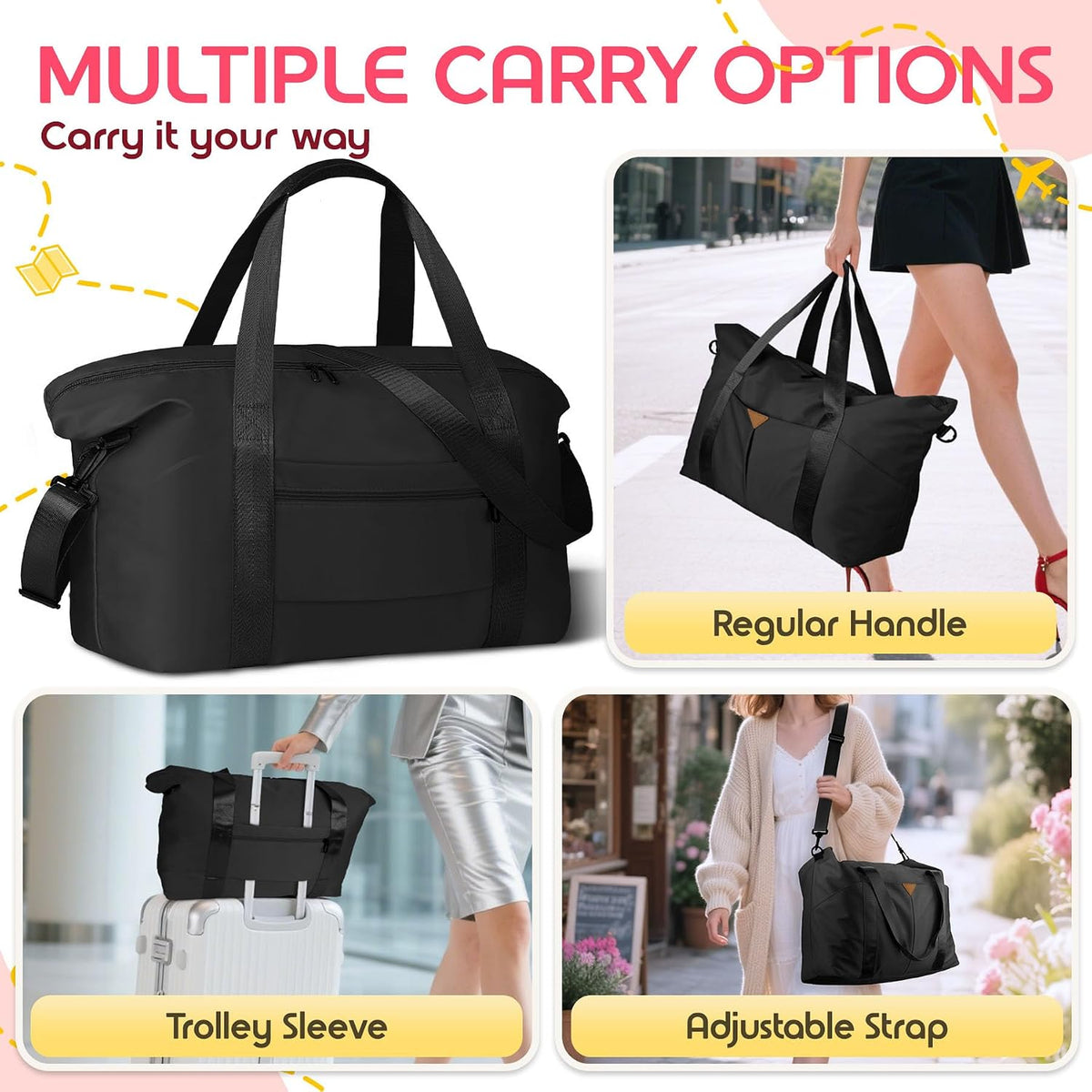 Duffle Bag for Travel, Carry-on Travel Bag with Trolley Sleeve, Sport Gym Bag for Women, Overnight Bag for Men, Hospital Bag for Labor and Delivery (Pink)