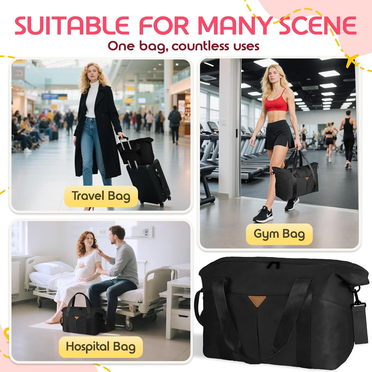 Duffle Bag for Travel, Carry-on Travel Bag with Trolley Sleeve, Sport Gym Bag for Women, Overnight Bag for Men, Hospital Bag for Labor and Delivery (Pink)