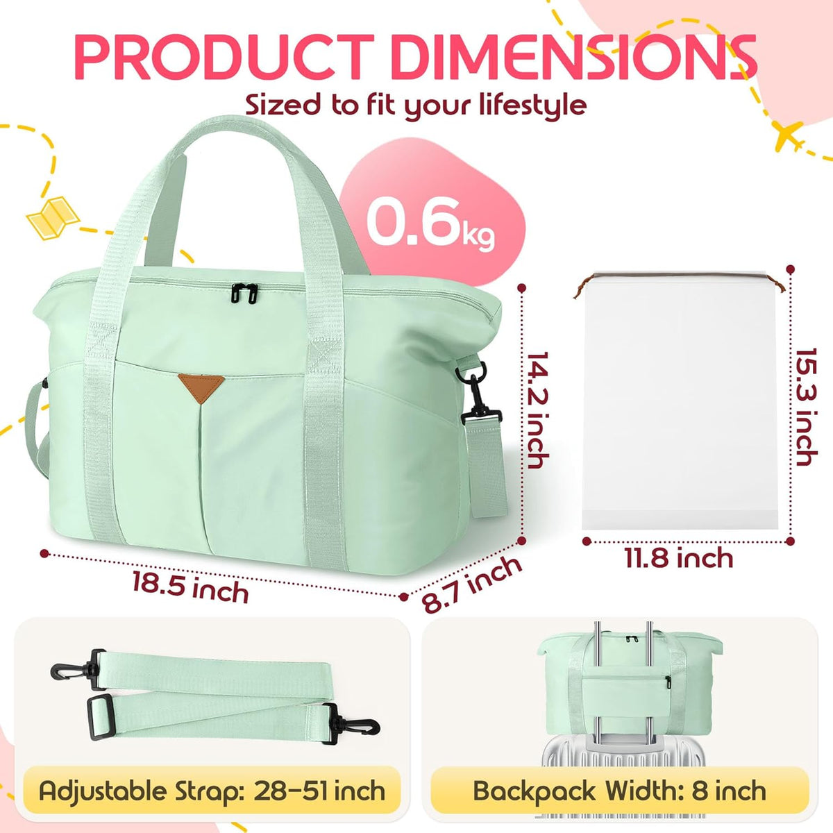 Duffle Bag for Travel, Carry-on Travel Bag with Trolley Sleeve, Sport Gym Bag for Women, Overnight Bag for Men, Hospital Bag for Labor and Delivery (Pink)