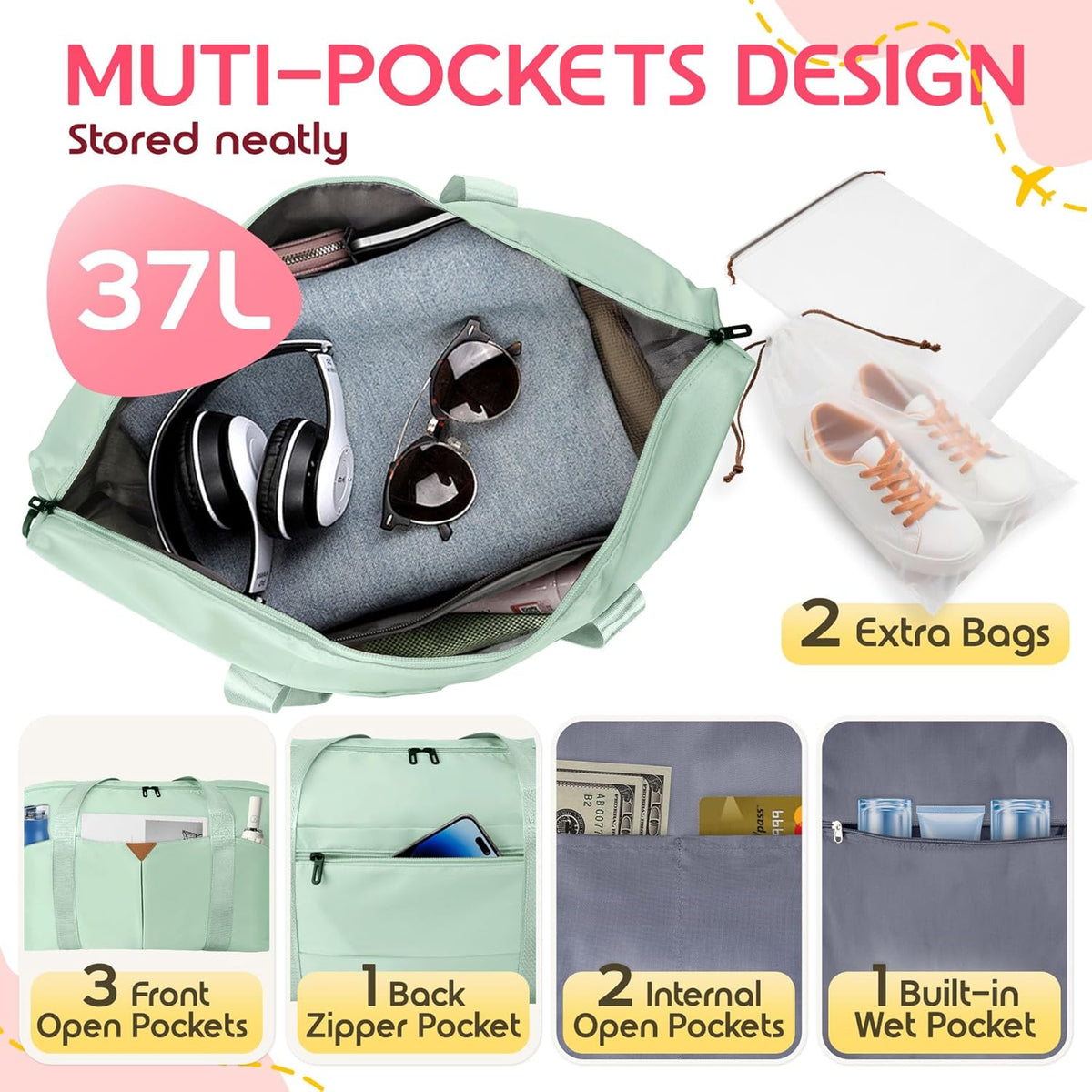 Duffle Bag for Travel, Carry-on Travel Bag with Trolley Sleeve, Sport Gym Bag for Women, Overnight Bag for Men, Hospital Bag for Labor and Delivery (Pink)