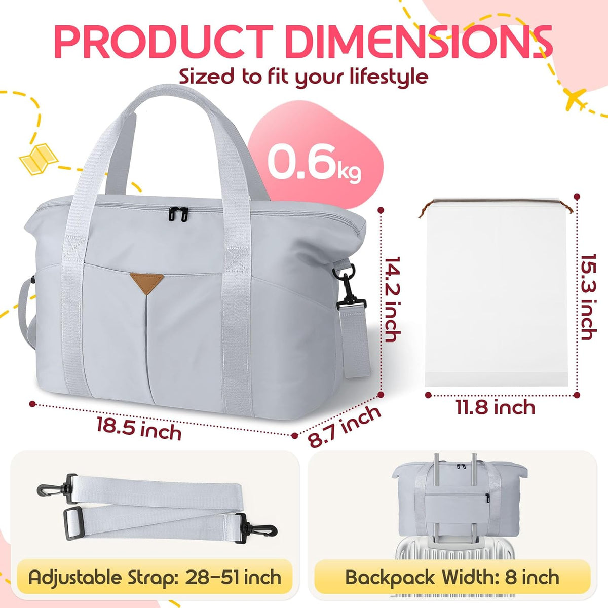 Duffle Bag for Travel, Carry-on Travel Bag with Trolley Sleeve, Sport Gym Bag for Women, Overnight Bag for Men, Hospital Bag for Labor and Delivery (Pink)