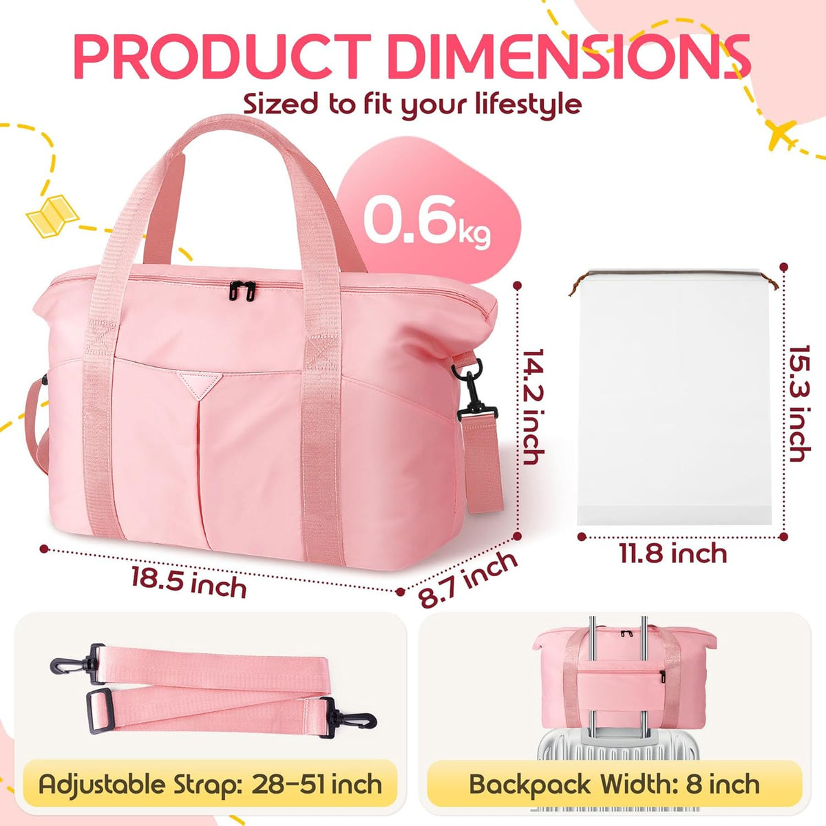 Duffle Bag for Travel, Carry-on Travel Bag with Trolley Sleeve, Sport Gym Bag for Women, Overnight Bag for Men, Hospital Bag for Labor and Delivery (Pink)