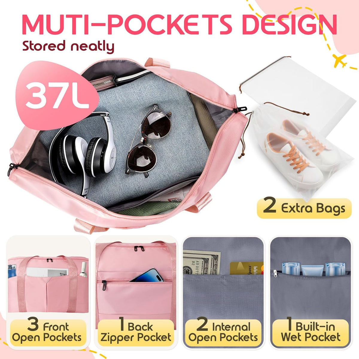 Duffle Bag for Travel, Carry-on Travel Bag with Trolley Sleeve, Sport Gym Bag for Women, Overnight Bag for Men, Hospital Bag for Labor and Delivery (Pink)