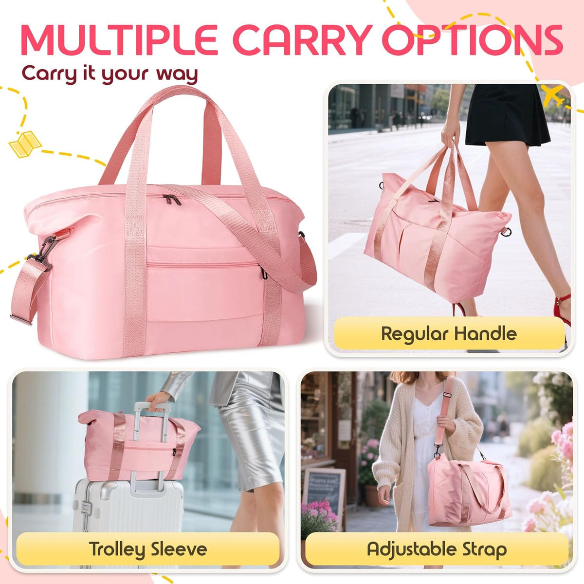 Duffle Bag for Travel, Carry-on Travel Bag with Trolley Sleeve, Sport Gym Bag for Women, Overnight Bag for Men, Hospital Bag for Labor and Delivery (Pink)