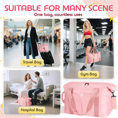 Duffle Bag for Travel, Carry-on Travel Bag with Trolley Sleeve, Sport Gym Bag for Women, Overnight Bag for Men, Hospital Bag for Labor and Delivery (Pink)