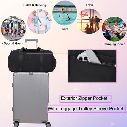 Duffle Bag for Girls Dance Ballet Travel Overnight Sports Gym Bag with Separate Dry Wet Pocket and Shoes Compartment