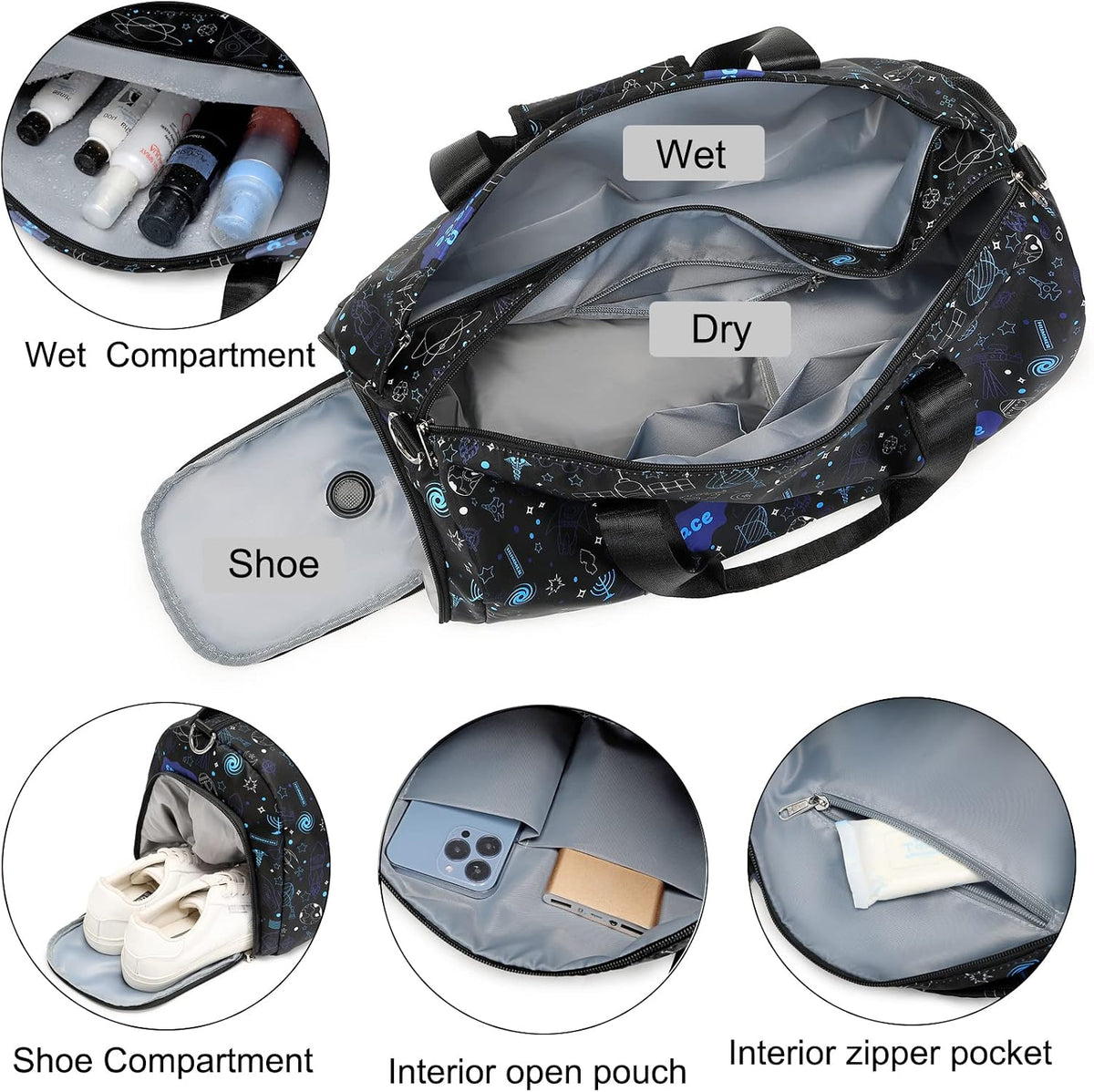 Duffle Bag for Girls Dance Ballet Travel Overnight Sports Gym Bag with Separate Dry Wet Pocket and Shoes Compartment
