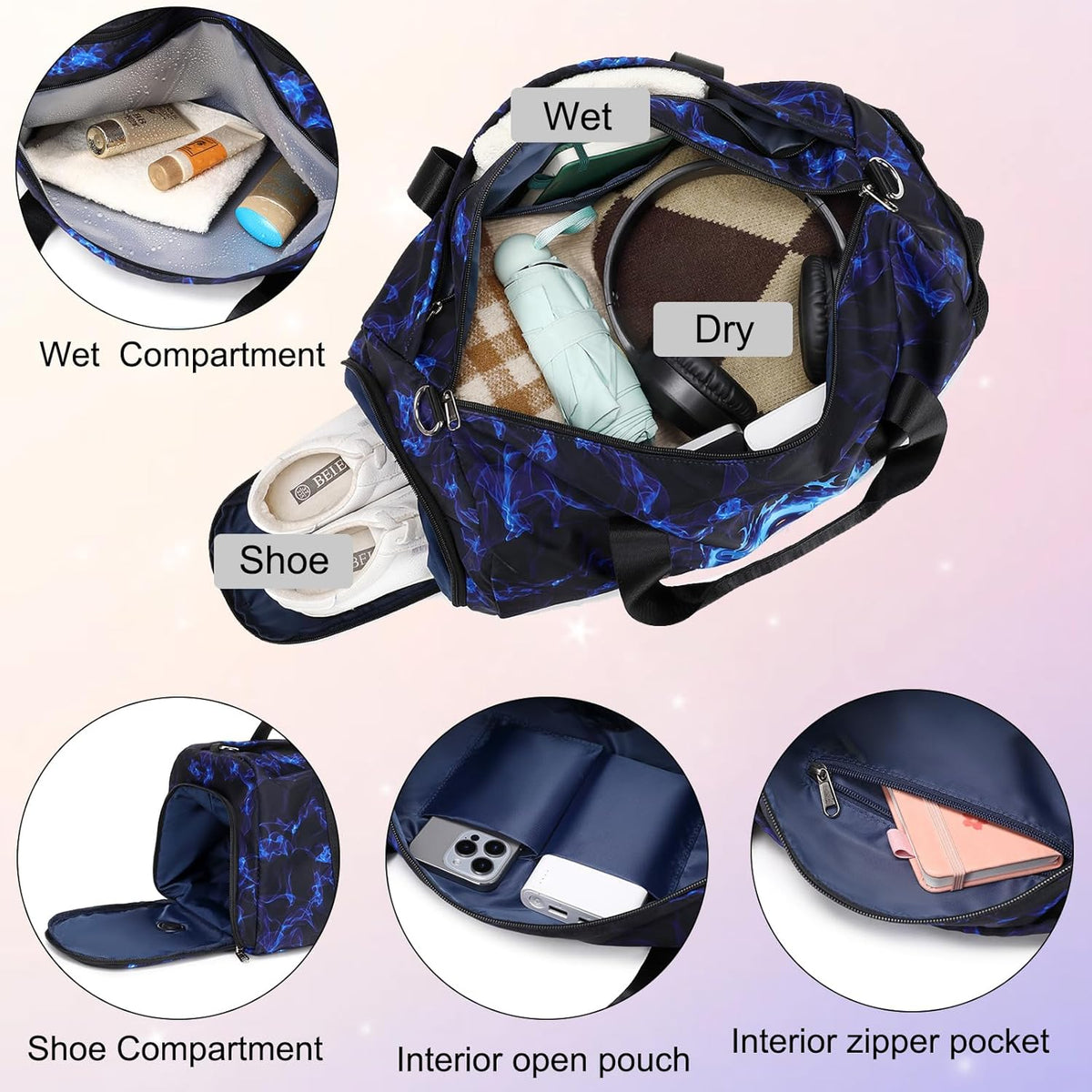 Duffle Bag for Girls Dance Ballet Travel Overnight Sports Gym Bag with Separate Dry Wet Pocket and Shoes Compartment