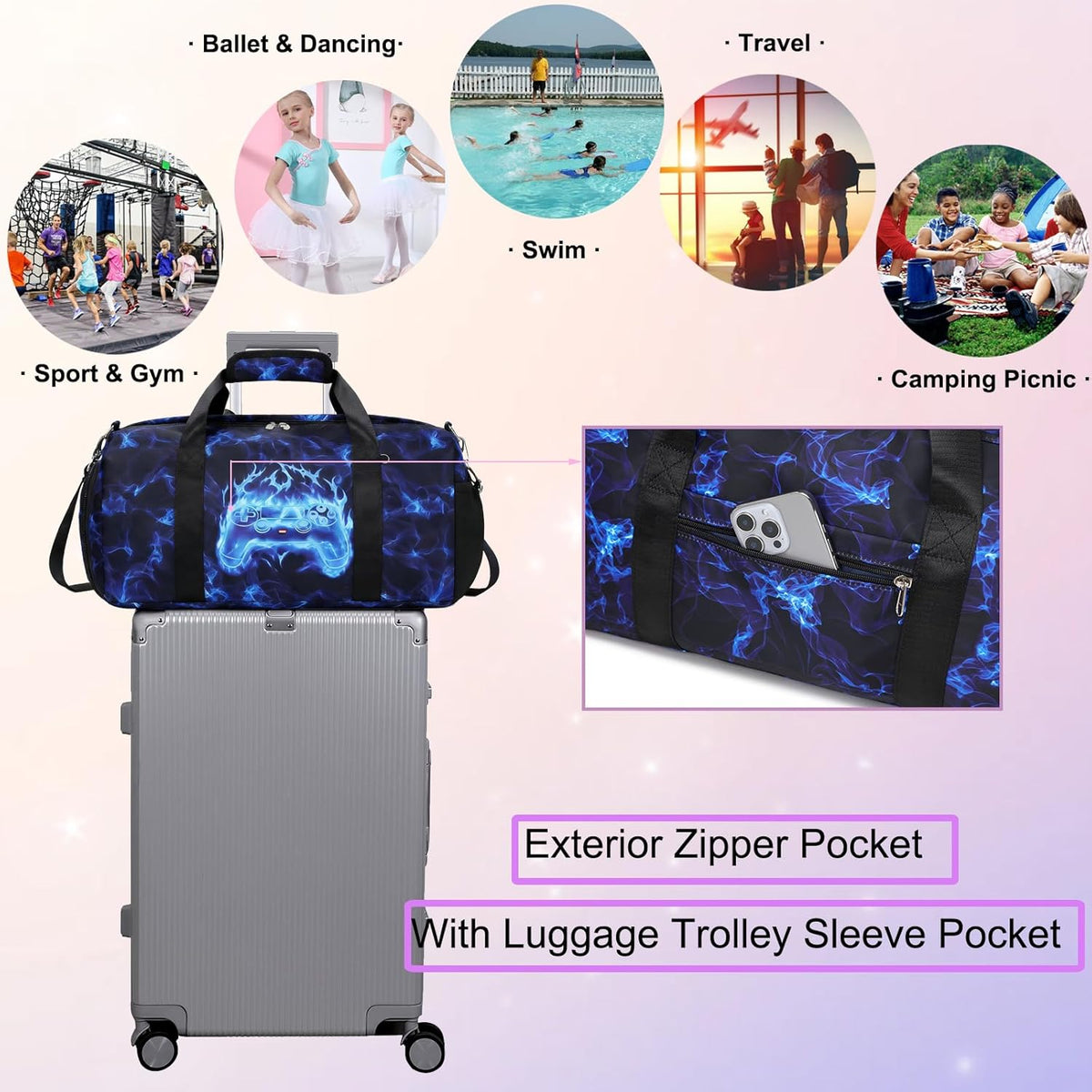Duffle Bag for Girls Dance Ballet Travel Overnight Sports Gym Bag with Separate Dry Wet Pocket and Shoes Compartment