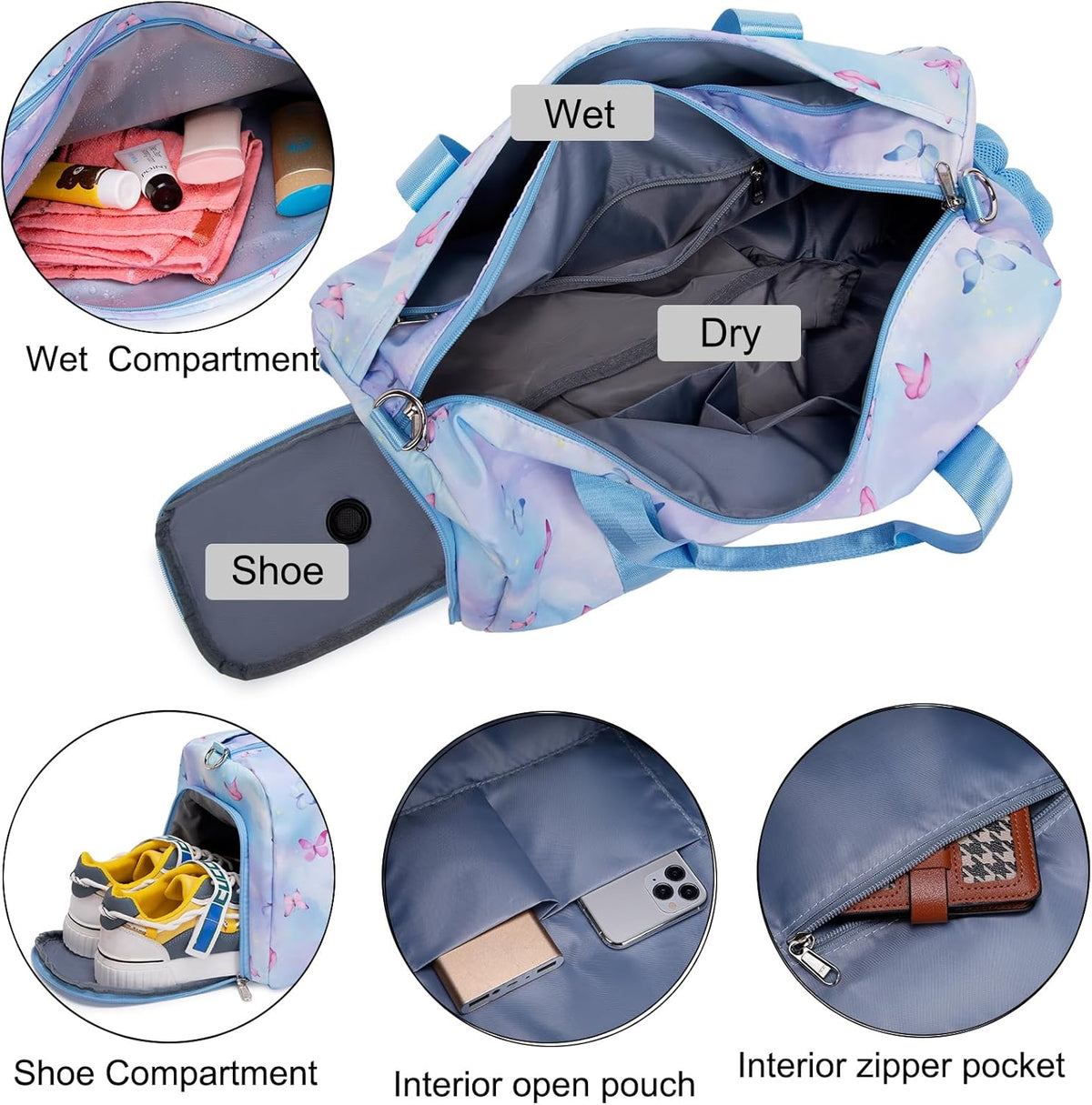 Duffle Bag for Girls Dance Ballet Travel Overnight Sports Gym Bag with Separate Dry Wet Pocket and Shoes Compartment