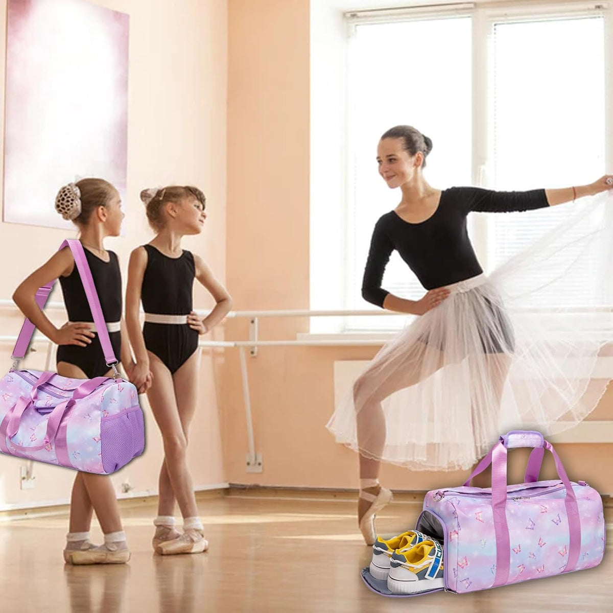 Duffle Bag for Girls Dance Ballet Travel Overnight Sports Gym Bag with Separate Dry Wet Pocket and Shoes Compartment