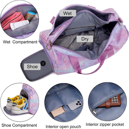 Duffle Bag for Girls Dance Ballet Travel Overnight Sports Gym Bag with Separate Dry Wet Pocket and Shoes Compartment