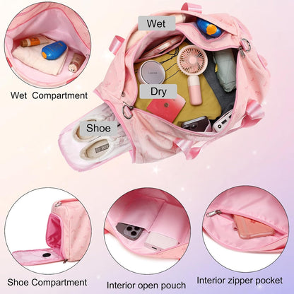Duffle Bag for Girls Dance Ballet Travel Overnight Sports Gym Bag with Separate Dry Wet Pocket and Shoes Compartment
