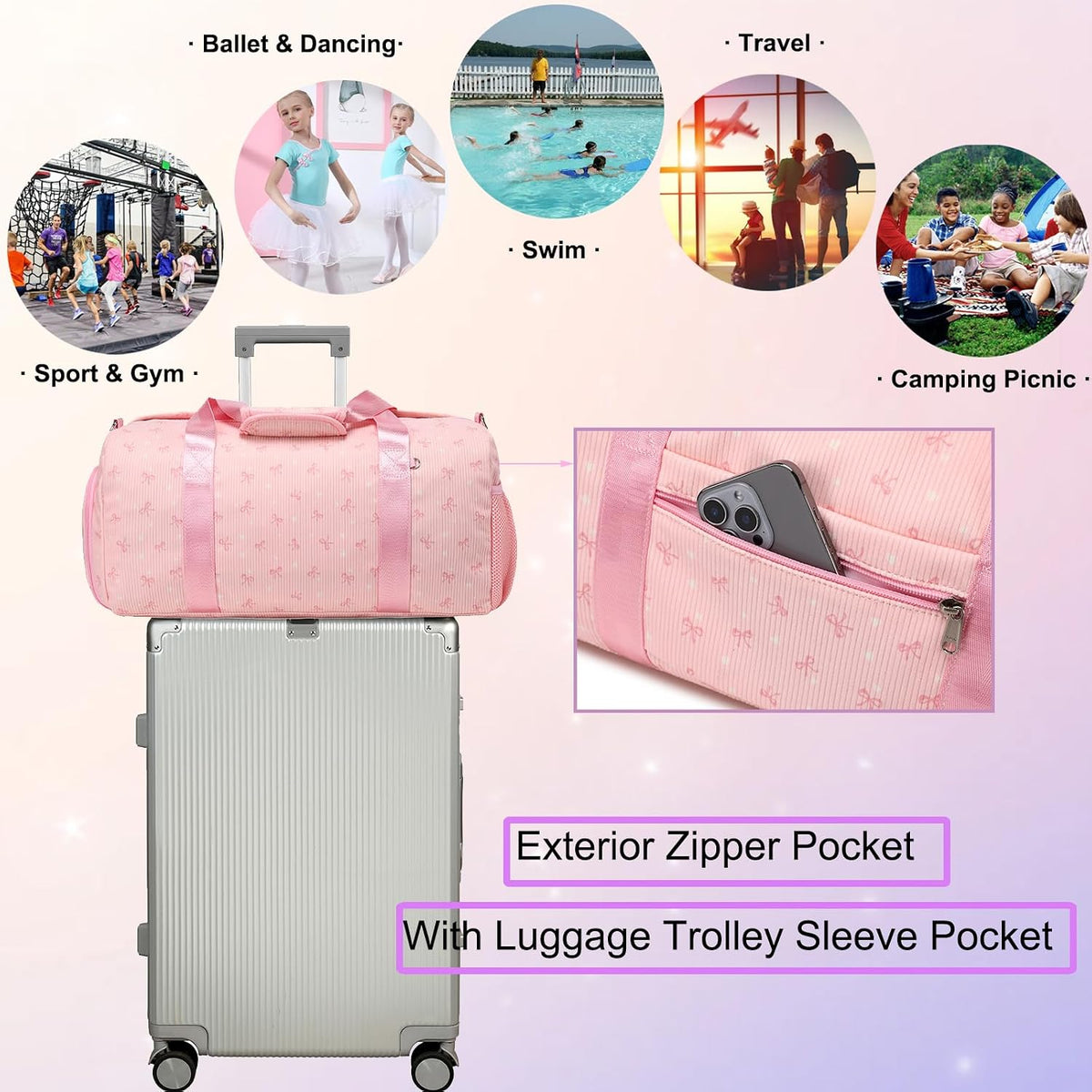 Duffle Bag for Girls Dance Ballet Travel Overnight Sports Gym Bag with Separate Dry Wet Pocket and Shoes Compartment