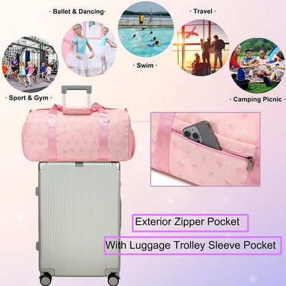 Duffle Bag for Girls Dance Ballet Travel Overnight Sports Gym Bag with Separate Dry Wet Pocket and Shoes Compartment