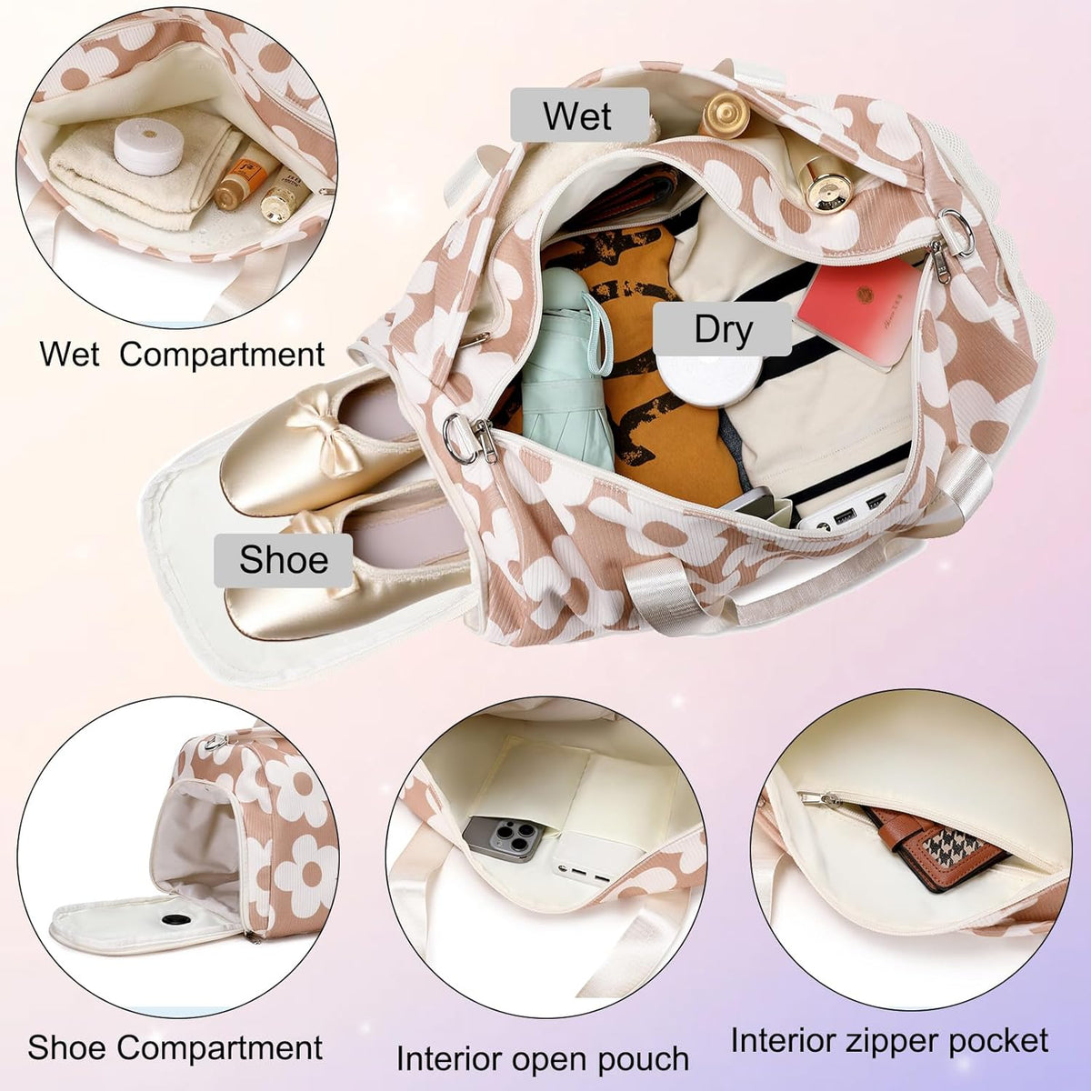 Duffle Bag for Girls Dance Ballet Travel Overnight Sports Gym Bag with Separate Dry Wet Pocket and Shoes Compartment