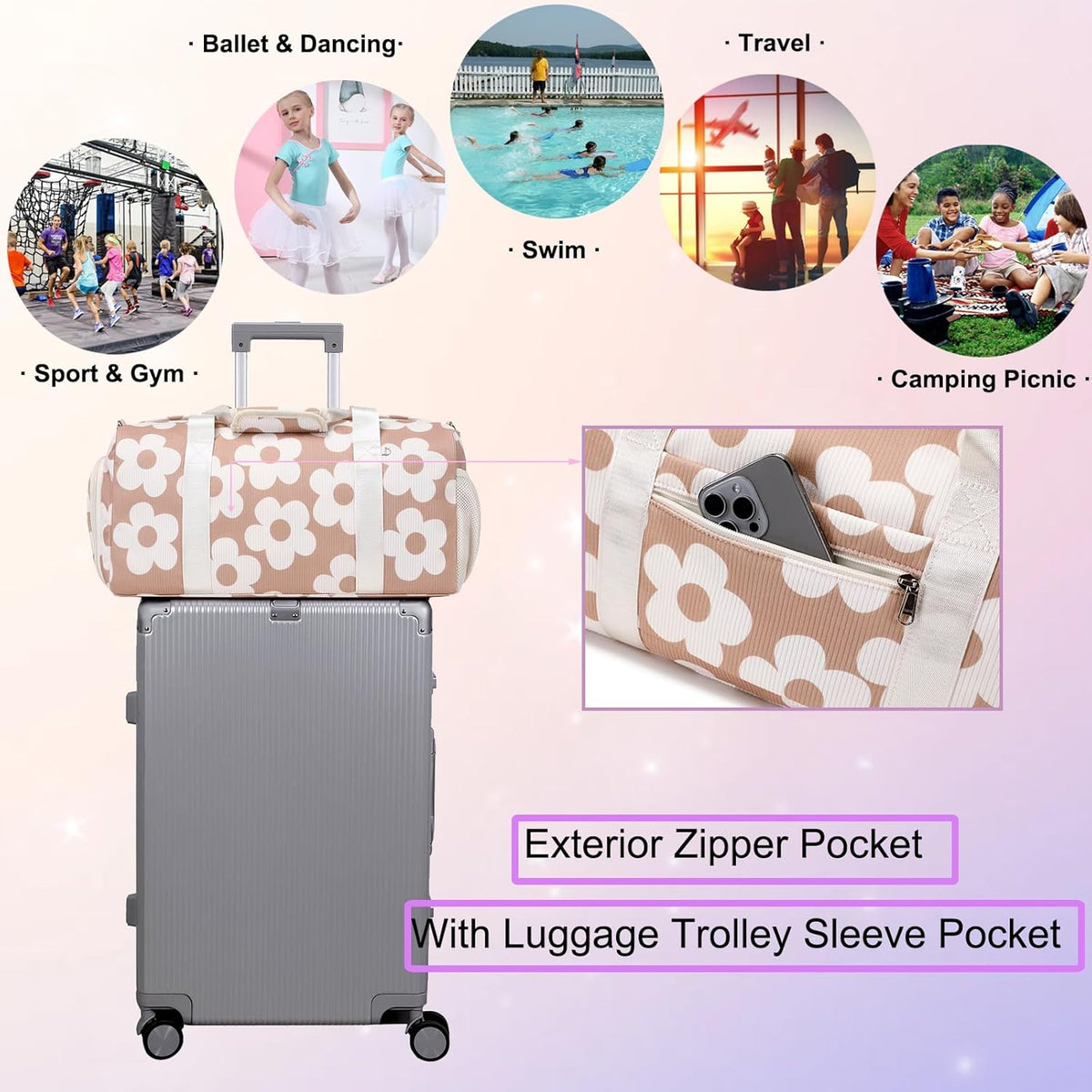 Duffle Bag for Girls Dance Ballet Travel Overnight Sports Gym Bag with Separate Dry Wet Pocket and Shoes Compartment