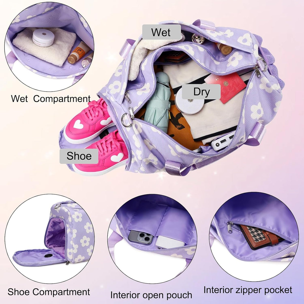 Duffle Bag for Girls Dance Ballet Travel Overnight Sports Gym Bag with Separate Dry Wet Pocket and Shoes Compartment