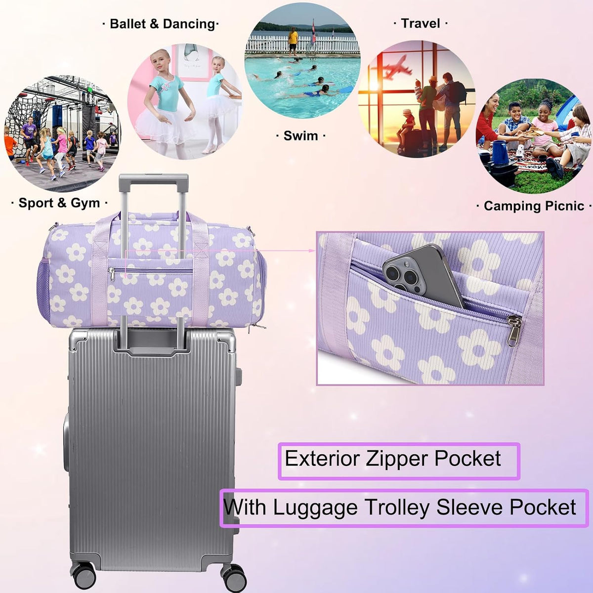 Duffle Bag for Girls Dance Ballet Travel Overnight Sports Gym Bag with Separate Dry Wet Pocket and Shoes Compartment