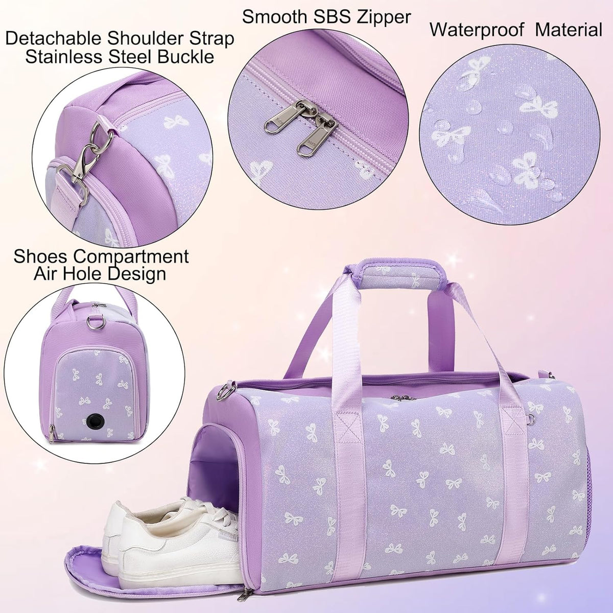 Duffle Bag for Girls Dance Ballet Travel Overnight Sports Gym Bag with Separate Dry Wet Pocket and Shoes Compartment