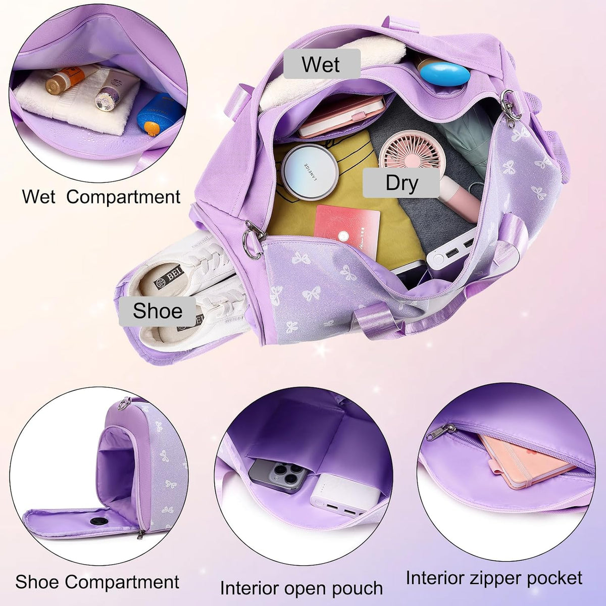 Duffle Bag for Girls Dance Ballet Travel Overnight Sports Gym Bag with Separate Dry Wet Pocket and Shoes Compartment