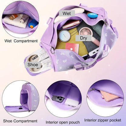 Duffle Bag for Girls Dance Ballet Travel Overnight Sports Gym Bag with Separate Dry Wet Pocket and Shoes Compartment