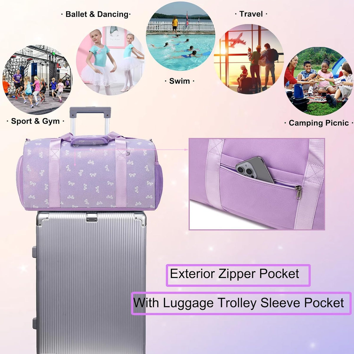 Duffle Bag for Girls Dance Ballet Travel Overnight Sports Gym Bag with Separate Dry Wet Pocket and Shoes Compartment