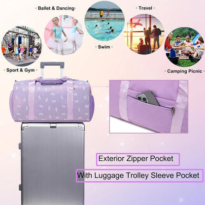 Duffle Bag for Girls Dance Ballet Travel Overnight Sports Gym Bag with Separate Dry Wet Pocket and Shoes Compartment