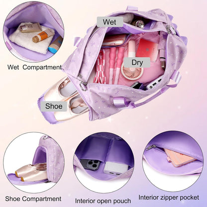 Duffle Bag for Girls Dance Ballet Travel Overnight Sports Gym Bag with Separate Dry Wet Pocket and Shoes Compartment