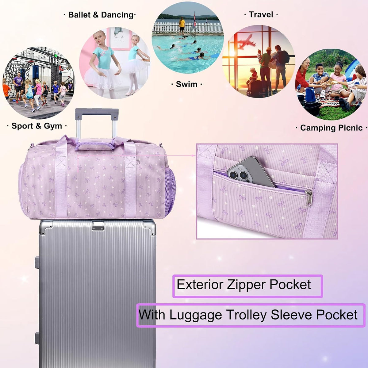 Duffle Bag for Girls Dance Ballet Travel Overnight Sports Gym Bag with Separate Dry Wet Pocket and Shoes Compartment