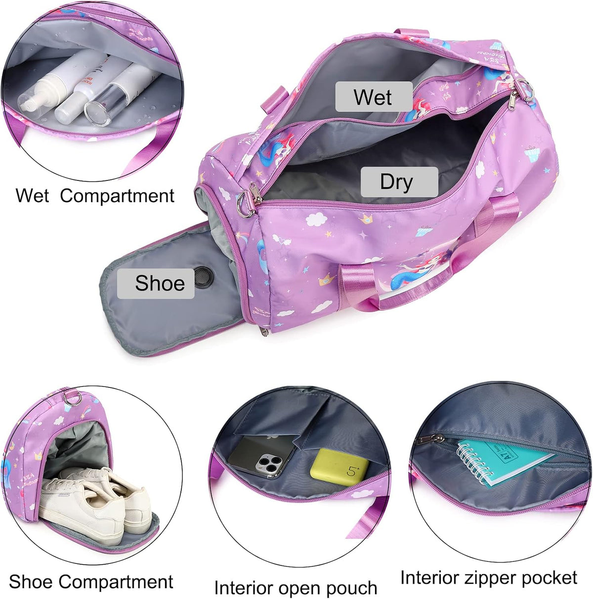 Duffle Bag for Girls Dance Ballet Travel Overnight Sports Gym Bag with Separate Dry Wet Pocket and Shoes Compartment