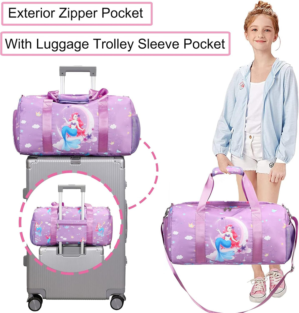 Duffle Bag for Girls Dance Ballet Travel Overnight Sports Gym Bag with Separate Dry Wet Pocket and Shoes Compartment