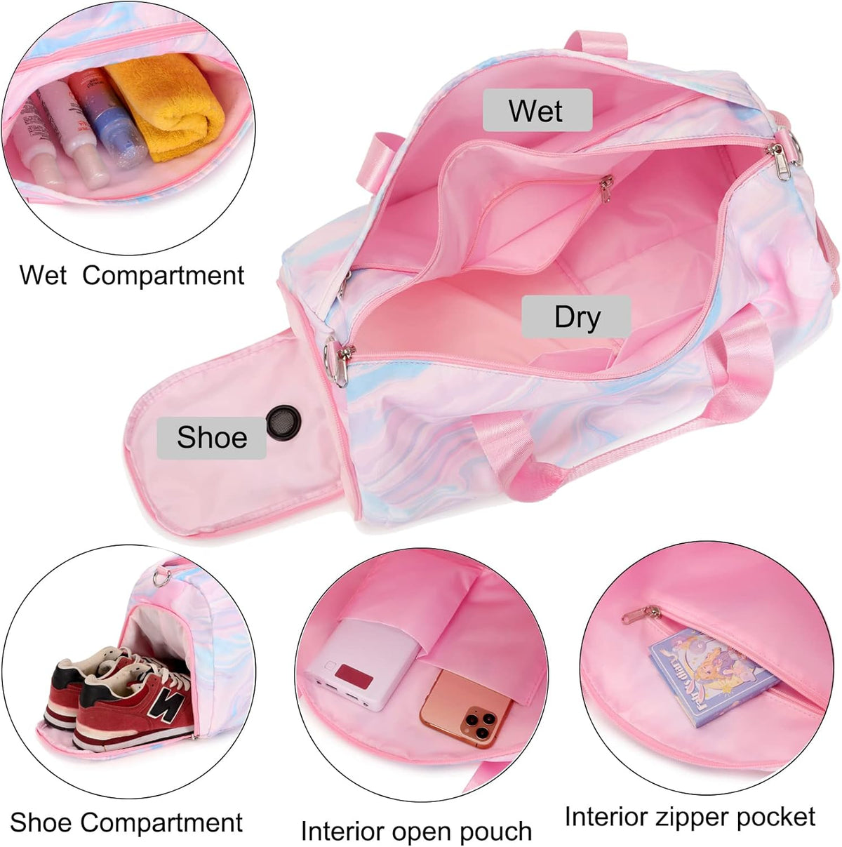 Duffle Bag for Girls Dance Ballet Travel Overnight Sports Gym Bag with Separate Dry Wet Pocket and Shoes Compartment