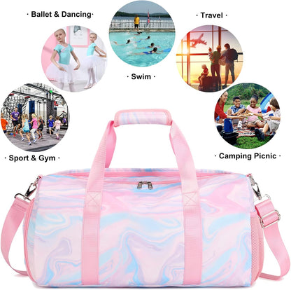Duffle Bag for Girls Dance Ballet Travel Overnight Sports Gym Bag with Separate Dry Wet Pocket and Shoes Compartment