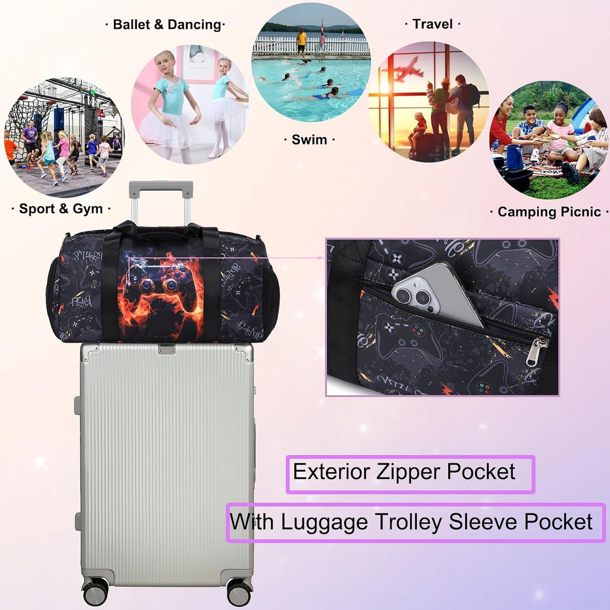 Duffle Bag for Girls Dance Ballet Travel Overnight Sports Gym Bag with Separate Dry Wet Pocket and Shoes Compartment