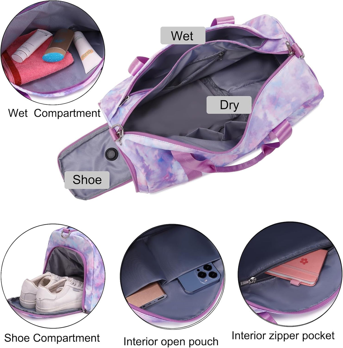 Duffle Bag for Girls Dance Ballet Travel Overnight Sports Gym Bag with Separate Dry Wet Pocket and Shoes Compartment