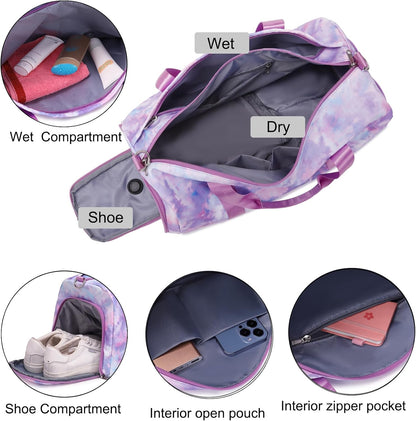 Duffle Bag for Girls Dance Ballet Travel Overnight Sports Gym Bag with Separate Dry Wet Pocket and Shoes Compartment