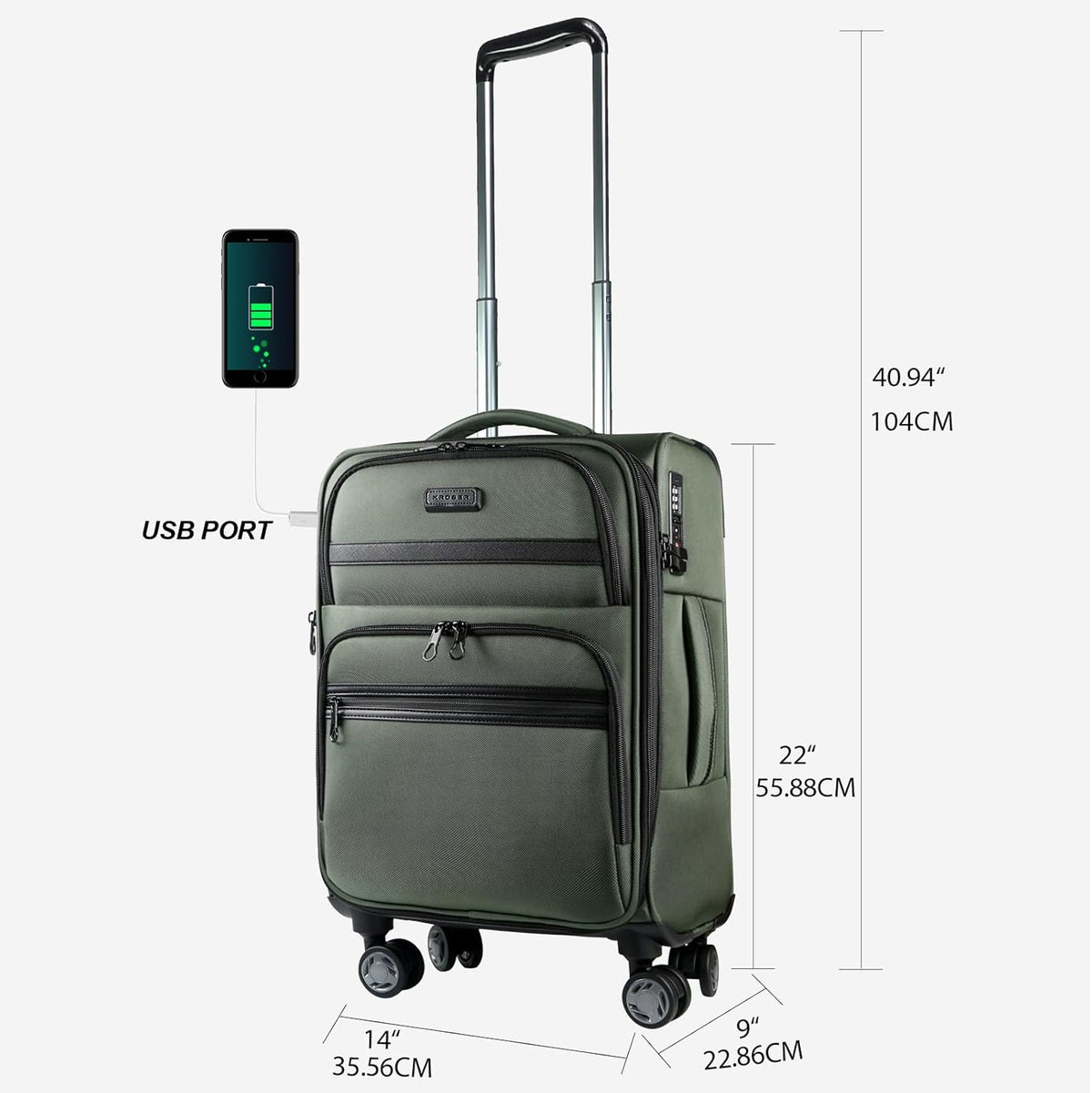 Softside Expandable Carry On Luggage with Front Business Pockets，20 Inch Suitcases with Spinner Wheels & Built-in TSA Lock, Durable Suitcase Rolling Luggage with USB Port, Haze Blue