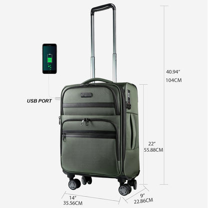 Softside Expandable Carry On Luggage with Front Business Pockets，20 Inch Suitcases with Spinner Wheels & Built-in TSA Lock, Durable Suitcase Rolling Luggage with USB Port, Haze Blue
