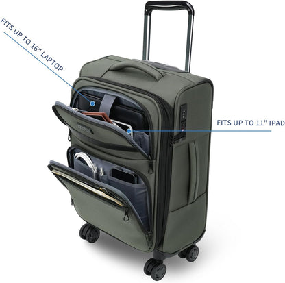 Softside Expandable Carry On Luggage with Front Business Pockets，20 Inch Suitcases with Spinner Wheels & Built-in TSA Lock, Durable Suitcase Rolling Luggage with USB Port, Haze Blue