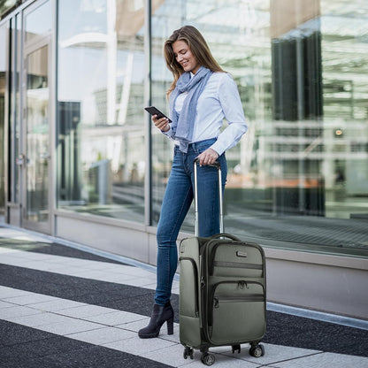 Softside Expandable Carry On Luggage with Front Business Pockets，20 Inch Suitcases with Spinner Wheels & Built-in TSA Lock, Durable Suitcase Rolling Luggage with USB Port, Haze Blue