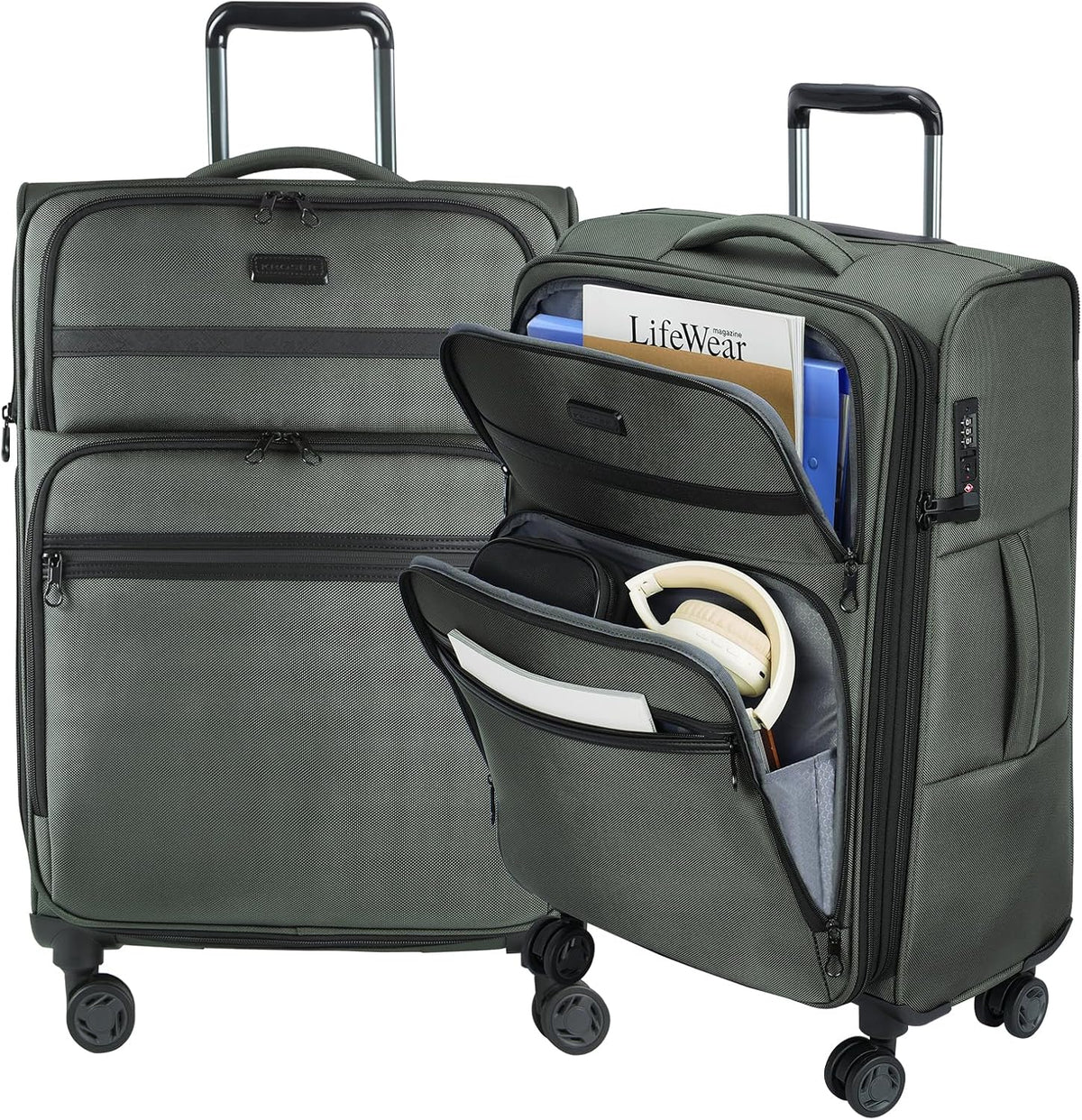 Softside Expandable Carry On Luggage with Front Business Pockets，20 Inch Suitcases with Spinner Wheels & Built-in TSA Lock, Durable Suitcase Rolling Luggage with USB Port, Haze Blue