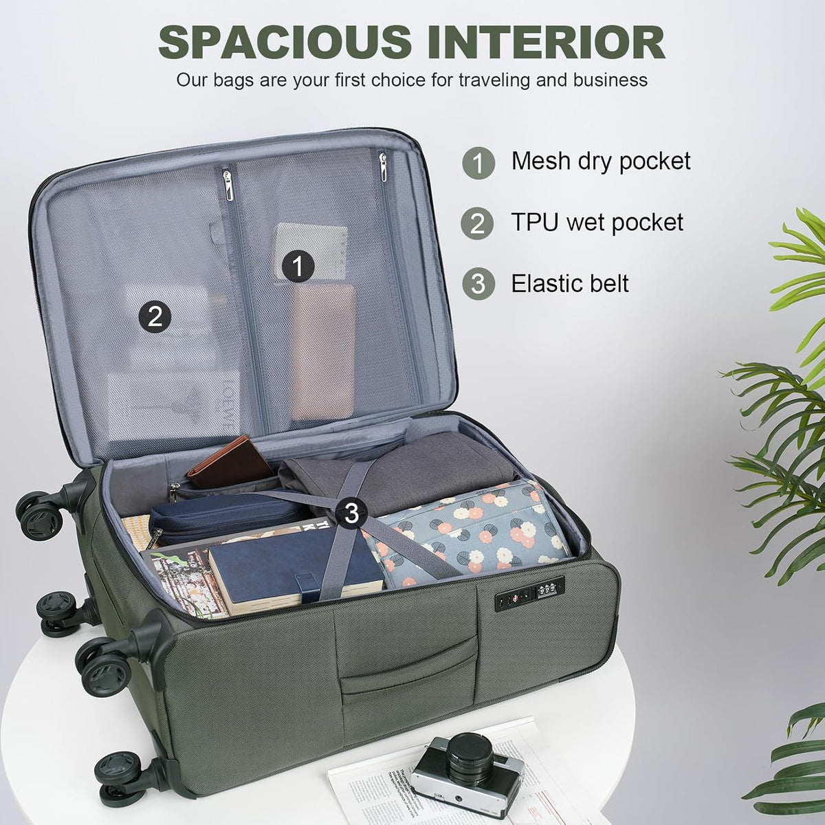 Softside Expandable Carry On Luggage with Front Business Pockets，20 Inch Suitcases with Spinner Wheels & Built-in TSA Lock, Durable Suitcase Rolling Luggage with USB Port, Haze Blue