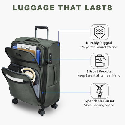 Softside Expandable Carry On Luggage with Front Business Pockets，20 Inch Suitcases with Spinner Wheels & Built-in TSA Lock, Durable Suitcase Rolling Luggage with USB Port, Haze Blue