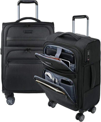 Softside Expandable Carry On Luggage with Front Business Pockets，20 Inch Suitcases with Spinner Wheels & Built-in TSA Lock, Durable Suitcase Rolling Luggage with USB Port, Haze Blue